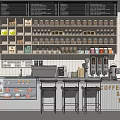 Coffee Tea Shop Reception Counter with Cupcake Display Case Coffee Machines and Shelves of Mugs
