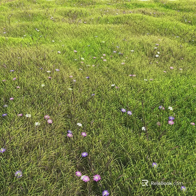 Natural Style Decorative Ornament Set With Green Grass Purple And White Flowers 3d model 