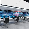 Modern Monitoring Room Interior With Multiple Monitors Control Desks And Office Chairs