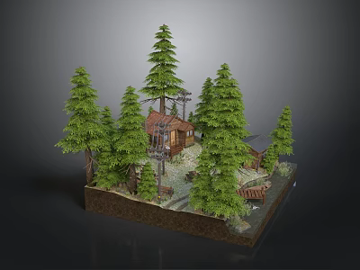 Forest Scene Model With Pine Trees Log Cabin And Wooden Bench 3d model