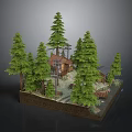 Forest Scene Model With Pine Trees Log Cabin And Wooden Bench