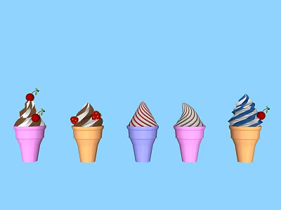 Sculptural Carving of Colorful Ice Cream Cones with Cherry Toppings and Detailed Design 3d model