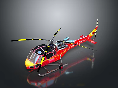Red And Yellow Helicopter Model With Rotors Cockpit And Dark Background Reflection 3d model