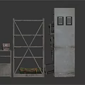 Vintage Metal Equipment Cabinet And Metal Shelf With Green Cylindrical Container And Small Device