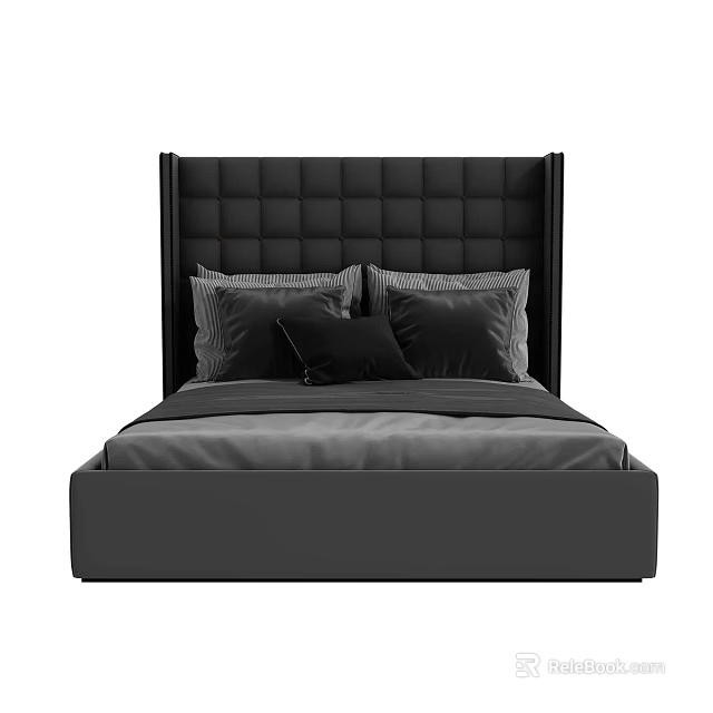 Stylish Black Double Bed With Quilted Upholstered Headboard And Soft Pillows 3d model
