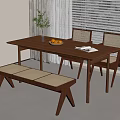 Simple Natural Dining Table Set With Wooden Table Chairs Bench And Green Plant Vase
