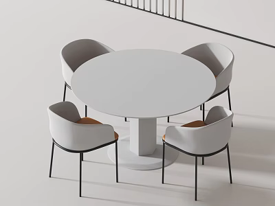 Modern Round White Dining Table Set With Four White Chairs And Brown Wooden Seats 3d model