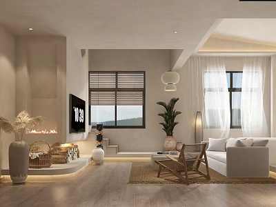 Hotel Guest Room With Light Colored Interior Fireplace TV Window Plant And Sofa 3d model