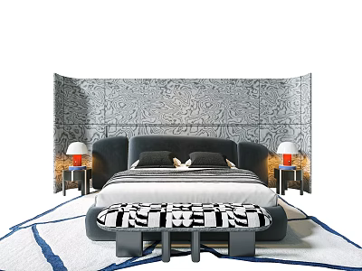 Modern Dark Gray Double Bed With Patterned Gray Wall Red Nightstands And Striped Bench 3d model