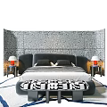 Modern Dark Gray Double Bed With Patterned Gray Wall Red Nightstands And Striped Bench