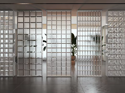 Transparent Glass Block Wall in Modern Interior Space with Partition and Green Plants 3d model