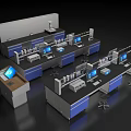 Modern Computer Workstations With Blue Gray Cabinets And Multiple Monitors 3d model