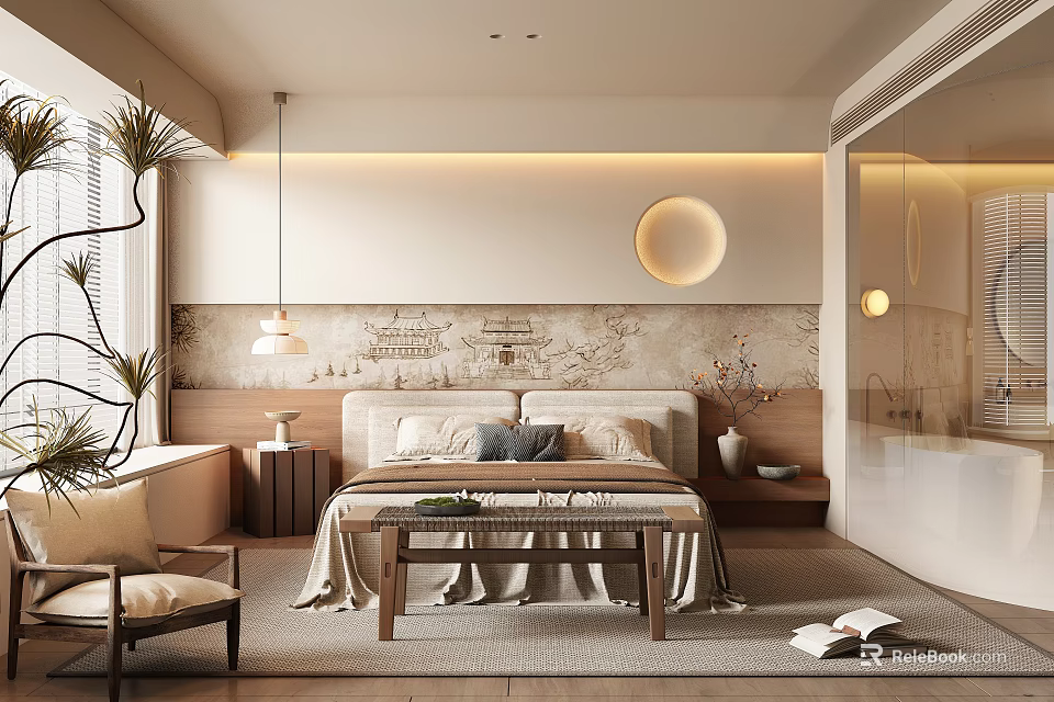 Modern Minimalist Bedroom Interior With Bed Nightstand Pendant Light And Decorative Painting 3d model 