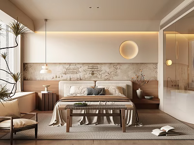 Modern Minimalist Bedroom Interior With Bed Nightstand Pendant Light And Decorative Painting 3d model