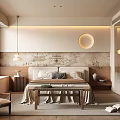 Modern Minimalist Bedroom Interior With Bed Nightstand Pendant Light And Decorative Painting