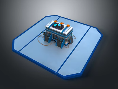 Blue Hexagonal Platform With Device Featuring Orange And Blue Buttons And Connected Pipes 3d model