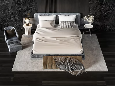 Modern Double Bed Setup With Pillows Bedside Tables Lamps Accent Chair And Area Rug 3d model
