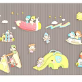 Kids Cartoon Wall Decor with Children Figures Animal Shapes Castle House Sun Cloud Rainbow Stars
