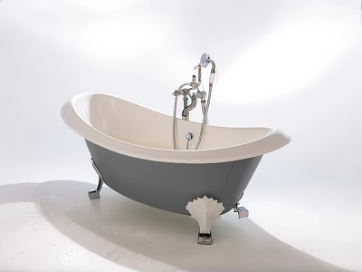 Elegant Freestanding Bathtub With Gray White Finish Metal Feet Faucet And Handheld Shower 3d model