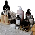 Stylish Bathroom Accessories Set With Bottles Trays Diffusers On Marble Countertop 3d model