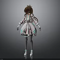 Anime Girl Wearing Pink Dress With Blue Cross Patterns Gray Stockings And Blue White Shoes