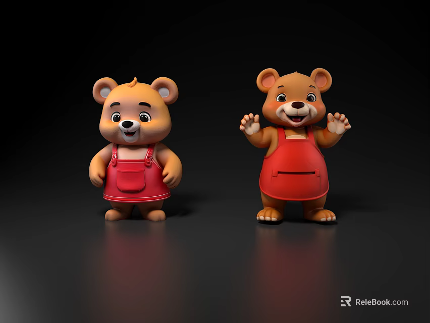 Two Cute Cartoon Reptile Characters Wearing Red Overalls Waving On Black Background 3d model 