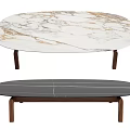 Two Modern Coffee Tables with Oval Marble Top and Long Gray Stitched Upholstered Design