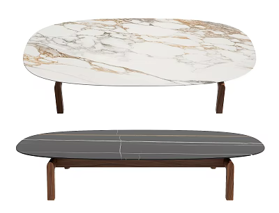 Two Modern Coffee Tables with Oval Marble Top and Long Gray Stitched Upholstered Design 3d model