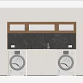 Modern Laundry Room Interior With White Cabinets Wooden Shelves Black Countertop And Laundry Appliances
