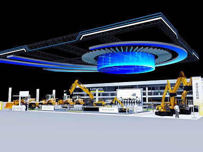 Technology Exhibition Hall Featuring Heavy Machinery Excavators Modern Booth And Architectural Lighting 3d model