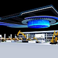 Technology Exhibition Hall Featuring Heavy Machinery Excavators Modern Booth And Architectural Lighting