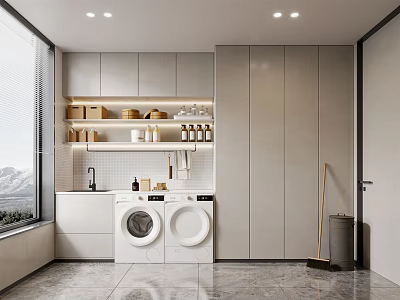 Modern Laundry Room With White Washing Machine Dryer Grey Cabinets Open Shelves And Window 3d model