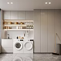 Modern Laundry Room With White Washing Machine Dryer Grey Cabinets Open Shelves And Window