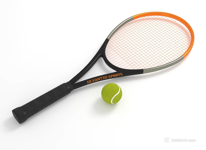 Grand Sports Tennis Racket With Orange Frame Black Handle And Green Tennis Ball 3d model 