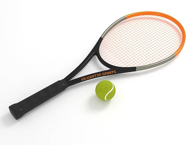 Grand Sports Tennis Racket With Orange Frame Black Handle And Green Tennis Ball 3d model