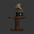 Vintage Gramophone On Wooden Table With Carved Legs And Small Items