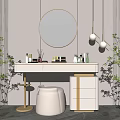 Modern White and Gold Dressing Table with Round Mirror Hanging Lights Cosmetics and Green Plants