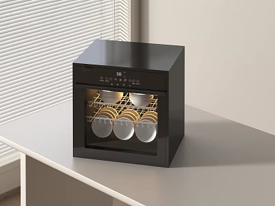Compact Black Kitchen Sterilizer on White Countertop with Plates Inside and Window Blinds Background 3d model