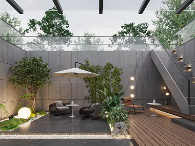 Modern Garden Landscape with Glass Roof Gray Walls Trees Outdoor Seating Wooden Deck and Lighting 3d model