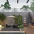 Modern Garden Landscape with Glass Roof Gray Walls Trees Outdoor Seating Wooden Deck and Lighting