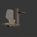 Damaged Building Structure With Stone Wall Brick Debris And Metal Frame