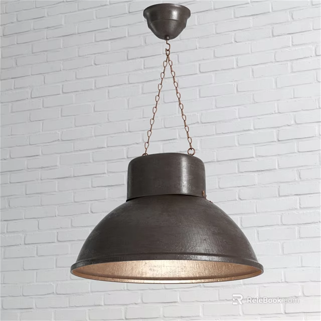 Illuminated Dark Brown Dome Shaped Metal Pendant Light Hanging On White Brick Wall With Chain 3d model 