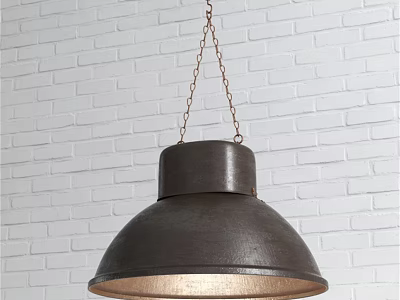 Illuminated Dark Brown Dome Shaped Metal Pendant Light Hanging On White Brick Wall With Chain 3d model