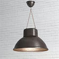 Illuminated Dark Brown Dome Shaped Metal Pendant Light Hanging On White Brick Wall With Chain