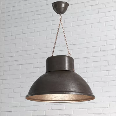 Illuminated Dark Brown Dome Shaped Metal Pendant Light Hanging On White Brick Wall With Chain 3d model