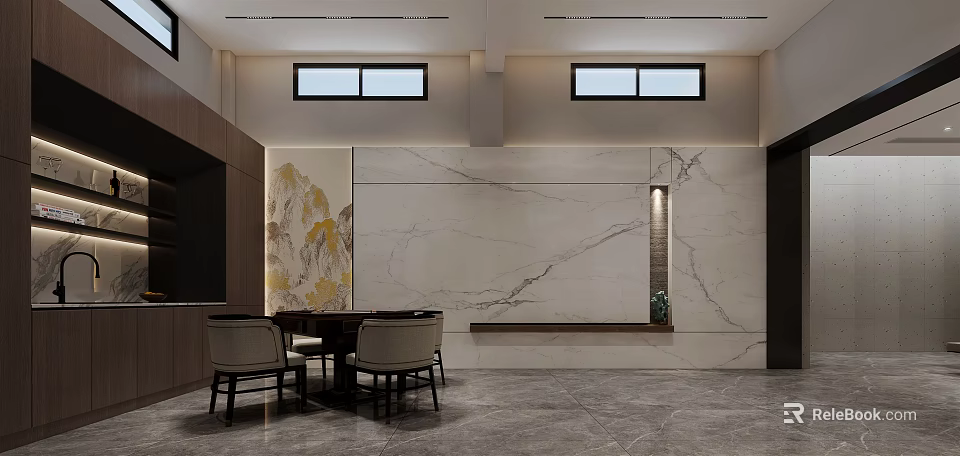 Modern Basement Interior Design With Luxury Marble Wall Windows Dining Table And Chairs 3d model