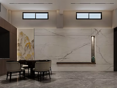 Modern Basement Interior Design With Luxury Marble Wall Windows Dining Table And Chairs 3d model