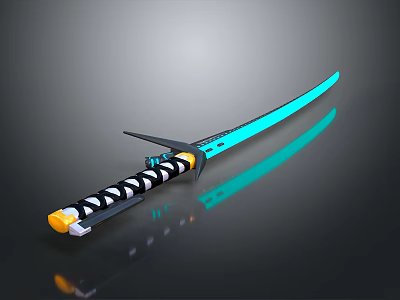 Detailed Samurai Sword With Blue Blade Black White Striped Handle And Yellow End 3d model