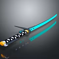 Detailed Samurai Sword With Blue Blade Black White Striped Handle And Yellow End 3d model