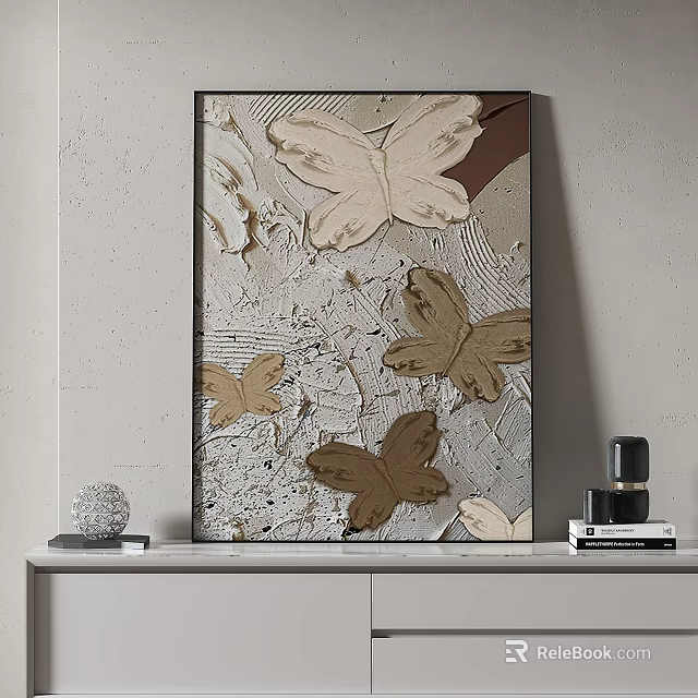 Abstract Painting With Golden Butterfly Motifs And Textured Surface On Neutral Wall 3d model 